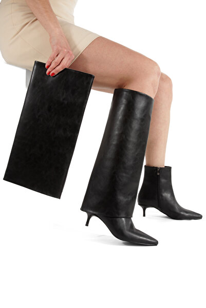 PAYZİN Black Leather Boots-Pointed 5 cm Thin Heel New Season