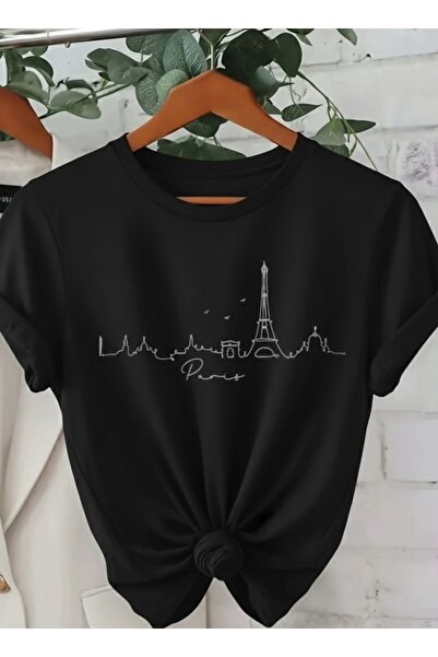 one button Tricou unisex cu imprimeu Paris și detaliu Turnul Eiffel, cu gât r...