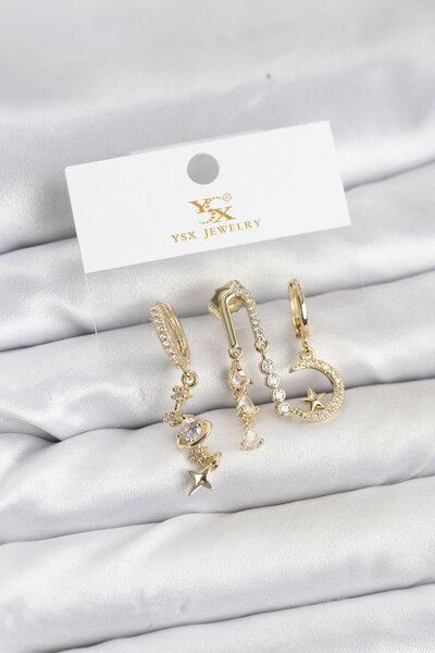 Epilons Brass Gold Color Zircon Stone Space Model Ysx Trio Earring Set - Tj-B...
