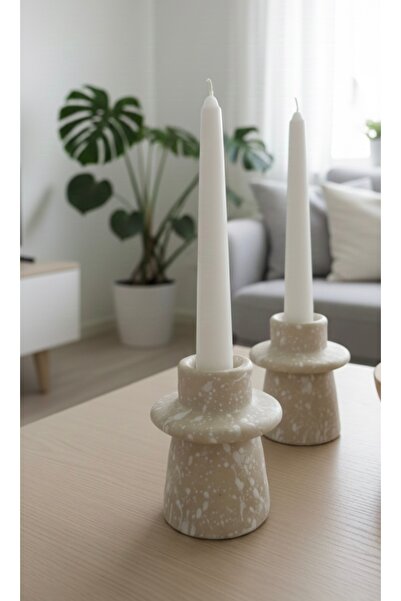 Handmade 2’li İskandinav Model Bej Şamdan & Mumluk