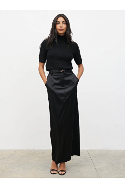 fasardi Fusta maxi din satin neagră talie înaltă pentru femei / cu buzunare, ...