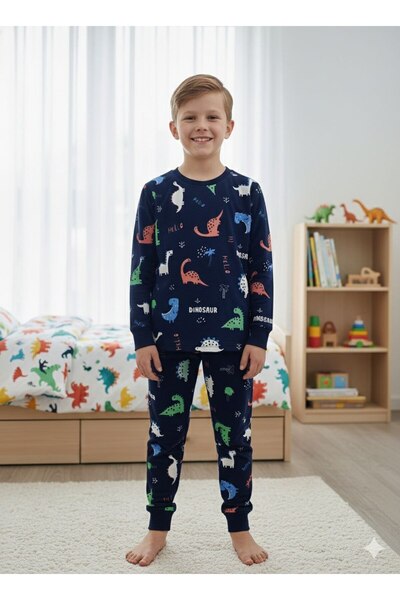 İsobel Kids Boy's Dinosaur Patterned Navy Blue Color Long Sleeve Pajama Set