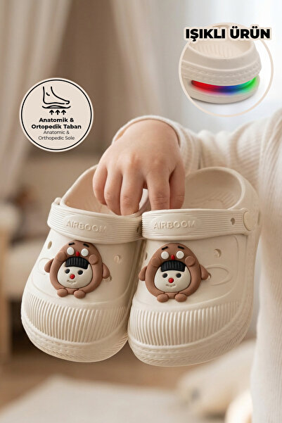Beınsteps Işıklı Çocuk Sandalet Terlik Havuz Okul Kreş Günlük Işıklı Unisex Ekru Sandalet Terlik
