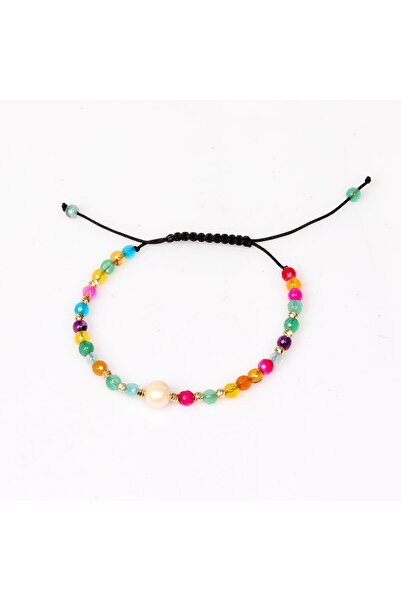 Taş Sandığı Adjustable Natural Stone Bracelet with Colorful Agate and Real Pe...