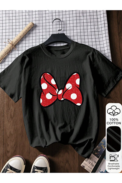 one button Tricou unisex roșu cu buline și panglică imprimată, cu gât rotund,...