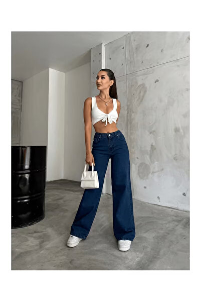 mooishan أديلينا كاميليا - جينز أزرق داكن بخصر عالٍ وساق واسعة بنطلون واسع ال...