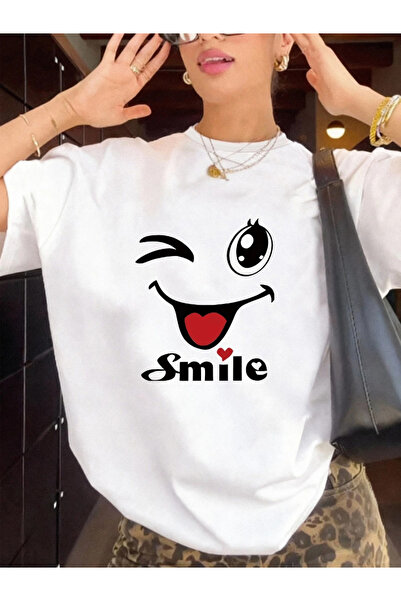 one button Tricou unisex cu imprimeu Smile, cu design special al feței, cu gâ...