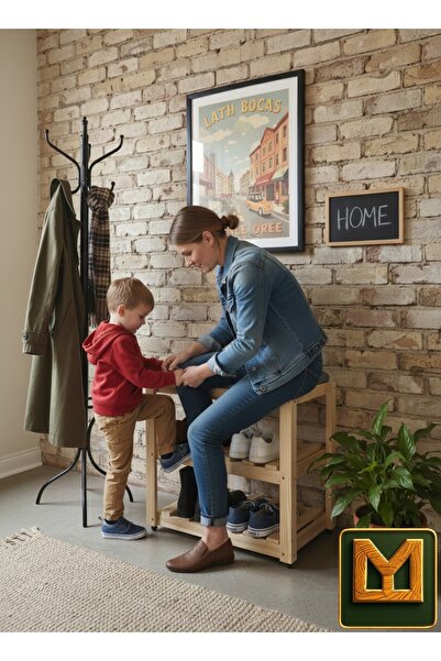 MEDET MOBİLYA ayakkabılık ahşap puflu döşemeli 3 katlı 2 bölmeli Masif çam ağ...