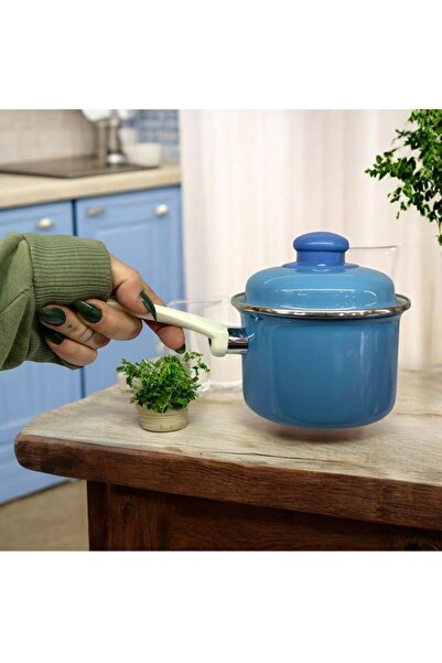 ALEV EMAYE 12 cm Kapaklı, saplı Emaye Sütlük – Sosluk – MAVİ Kaçerola | 3 Renk