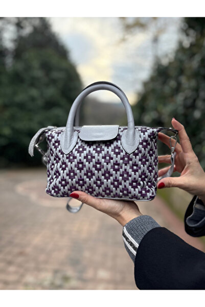 Pinkylola LC MİNİ MODEL Açık gri ve Mor Hakiki Deri el örgüsü Askılı & El Çanta