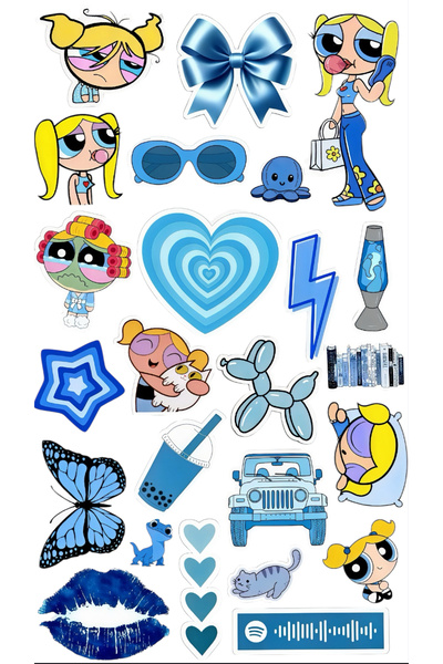 Limitless Design Cute Blue Tone Drawing Sticker Set |   Girl Figured & Retro ...