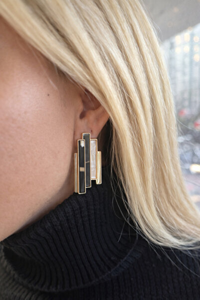 LİZYA Gold Kaplama Siyah & Beyaz Taşlı Geometrik Çubuk Kadın Küpe