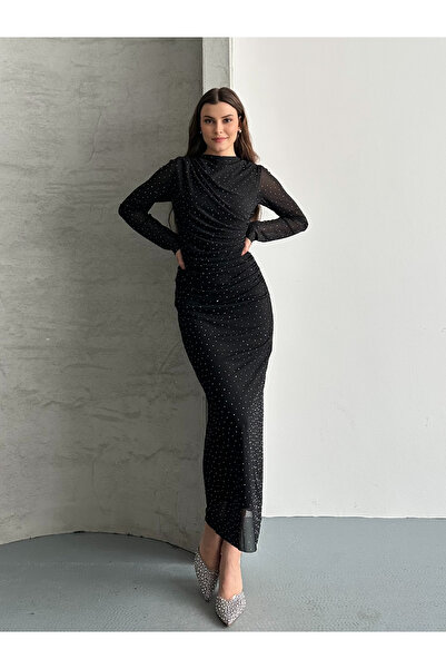 FERZOLAİO Stoned Draped Black Long Dress