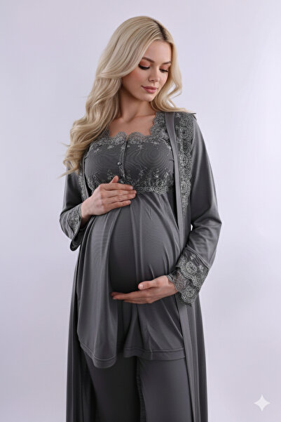 Lohussa Smoked Long Robe with Buttons Special Design 100% Cotton Maternity Ro...