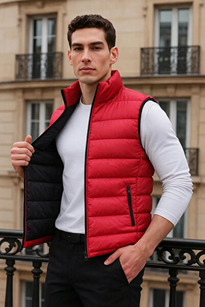 comstar Men's Winter Trendy Zippered Red Puffer Vest with Pockets