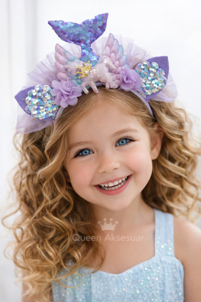 QUEEN AKSESUAR Coroană de unicorn cu sclipici pentru fetiță prințesă, cu coad...