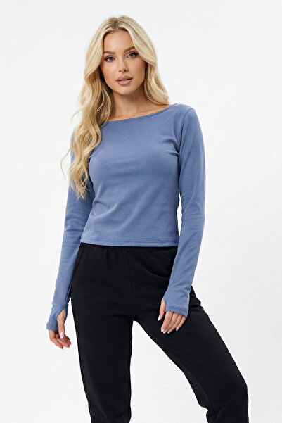 ABAY GİYİM Women's Boat Neck Long Sleeve Finger-Loop Modal Basic Blouse