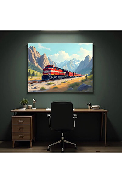 Printees Painting - Mountain Landscape with Red Train