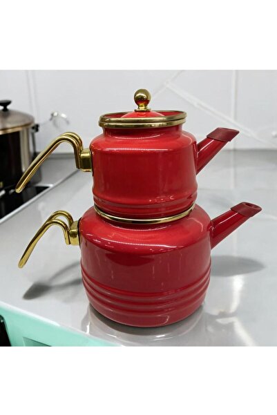 ALEV EMAYE Emaye Kordonlu Heybeli Model Çaydanlık Takımı -2Lİ ALT ÜST-