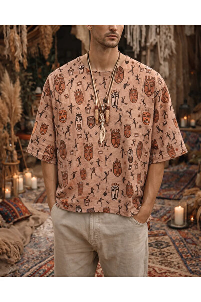 FıttingRoom Oversized Fakir Kol Cotton Linen Patterned Tshirt