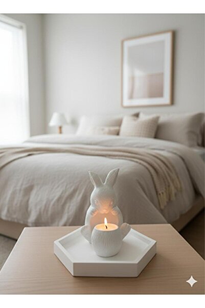 Crealis Dekoratif Seramik Tavşan Figürlü Mumlu Minimalist Beyaz Tealight Mum ...