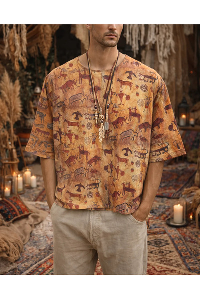 FıttingRoom Oversized Fakir Kol Cotton Linen Patterned Tshirt