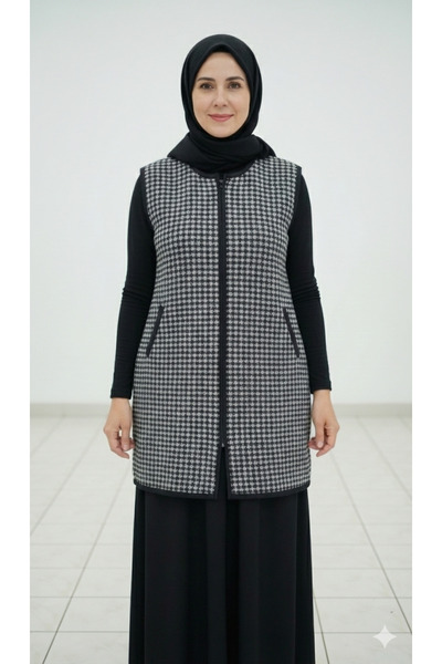 Sargınlar Desenli Fermuarlı Buklet Yelek - Anne Yeleği - Cepli Uzun Yelek