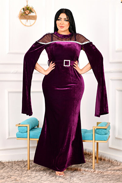 AsrymShop فستان السلطانة شتوي قطيفة مخمل وحزام موف