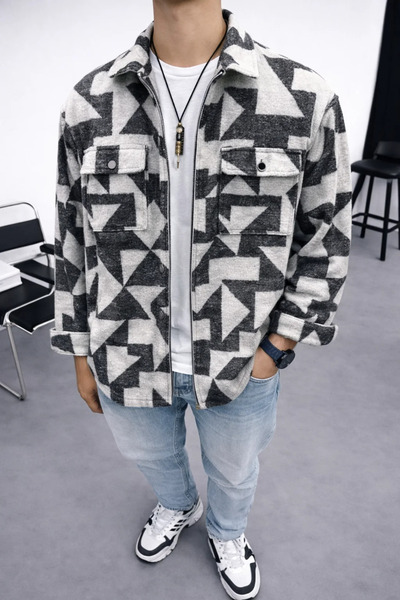 FıttingRoom Oversized Patterned Shirt with Zipper Closure