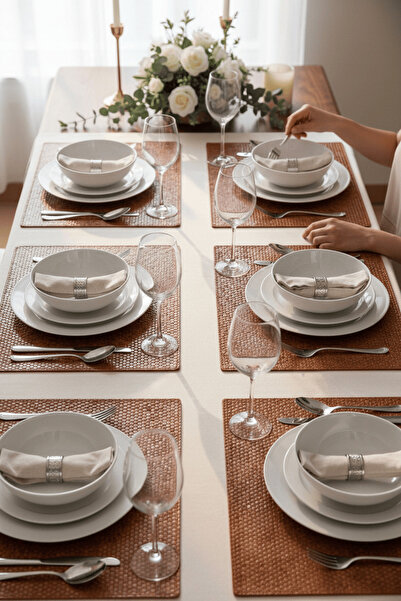 RAVZADERİ 6 Kişilik 12 Parça Dikdörtgen Kahverengi Deri Amerikan Servis Supla...