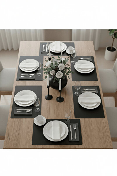 RAVZADERİ 6 Kişilik 12 Parça Dikdörtgen Siyah Deri Amerikan Servis Supla Plac...