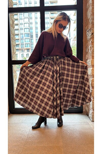 SERENCEE Ekose lastikli mevlana kışlık etek-Standart beden S-M-L-XL uyumlu