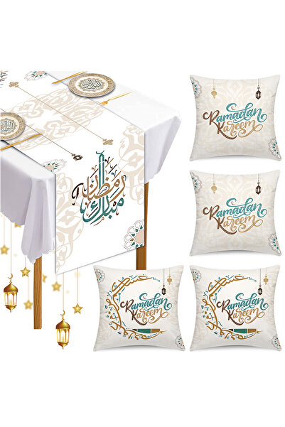 Pomefar زينة رمضان - مفرش طاولة و4 أغطية وسائد مقاس 18×18 بوصة، ديكور رمضاني ...
