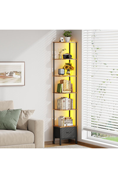 Yanara 6-Tier Corner Bookshelf with Fabric Drawer & LED Light, 32cm Narrow Sh...