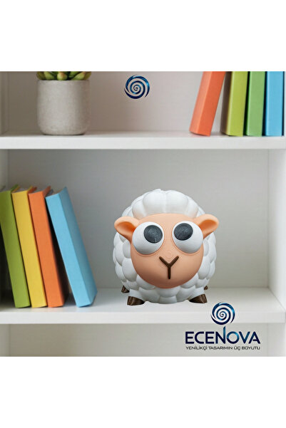 Ece ECENOVA 3D Baskı Beyaz KUZU Kumbara Hareketli Gözlü Dekoratif