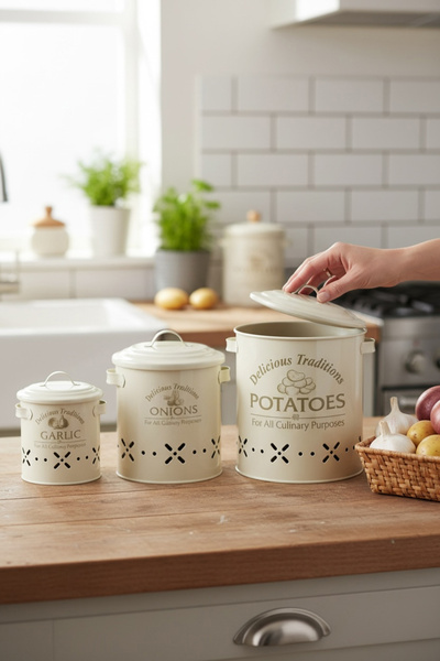 EVSTYLE ÜÇLÜ SOĞAN PATATES SARIMSAK KOVASI SETİ - KREM