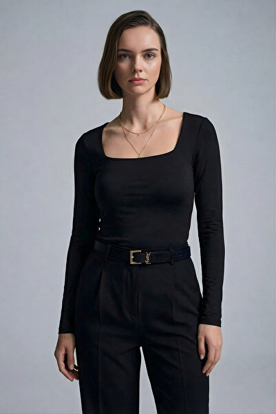 Qaju Women's Long Sleeve Square Neck Basic Blouse -Black