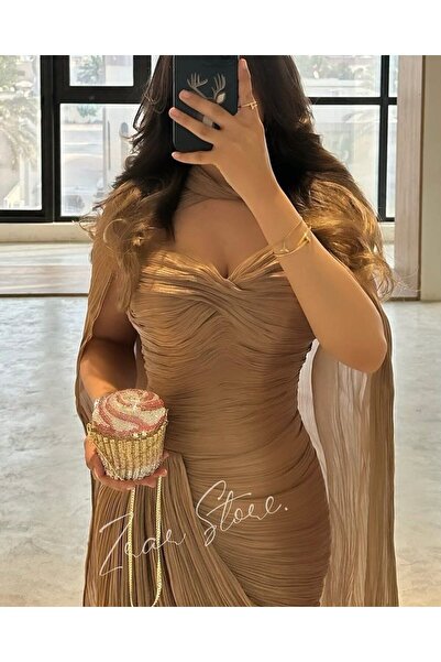 SKY dresses Gold crinkle dress with shawl