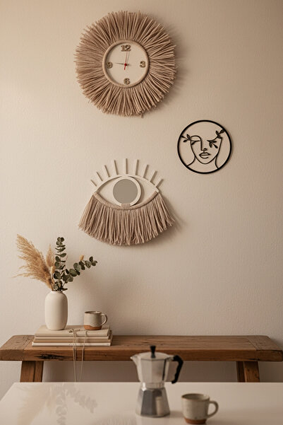 Bubihome 3’lü Bohem Duvar Dekorasyon Seti Gri | Rafya El Yapımı Duvar Saatli ...