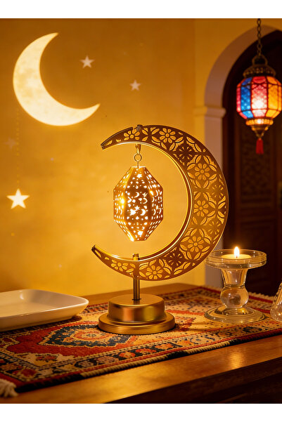 Yoawllty Ramadan Decorations, Moon Night Light with Hexagonal Cage Hanging Me...
