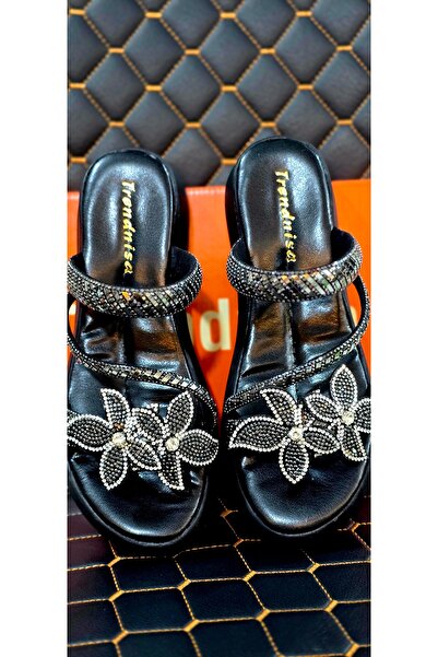 trendnisa Luxury Stone Embroidered Floral Detailed Black Women's Back Strap S...