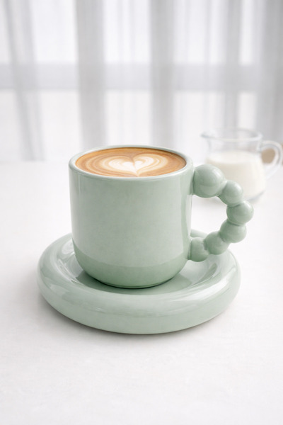 Karat Home Boncuk Kulplu Seramik Kahve Fincanı ve Tabağı – Yeşil