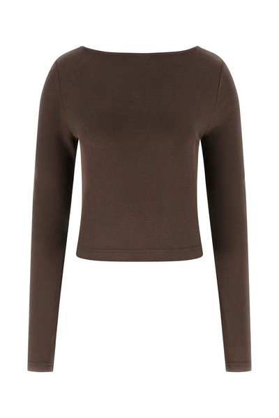 Guess Μακρυμάνικο Milena Γυναικείο Καφέ Μπλουζάκι με Φιόγκο στο Μπροστινό μέρ...