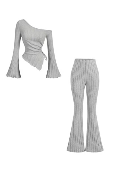 Wildco Gray Corded Fabric Knitwear Asymmetrical One Shoulder Blouse and Flare...