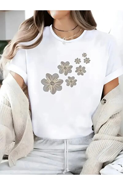 FUFLUNS Flowers Printed Women's Cropped Oversize T-Shirt