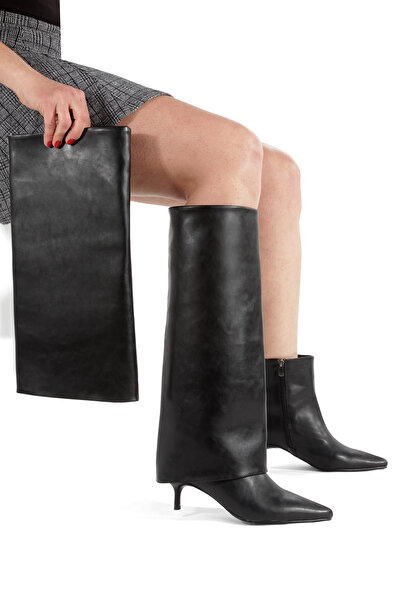 MİNNACE Siyah Cilt Bot-Çizme Sivri Burunlu 5 cm İnce Ökçeli Yeni Sezon