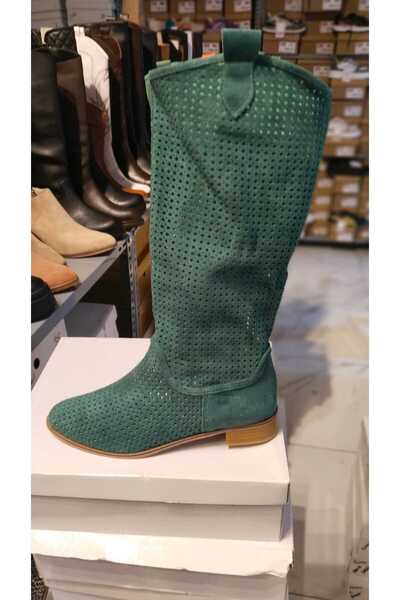 POTEEN Ptn Eliz Women's Short Heel Suede Laser Cut Perforated Summer Boots-Da...