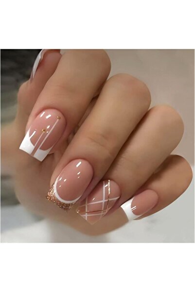 Arabest أظافر صناعية قصيرة مربعة الشكل، 24 قطعة، بتصميمات لامعة بلون البشرة ل...