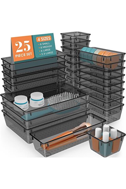 Sumkyle 25 PCS Clear Plastic Drawer Organizer Set, 4 Sizes Desk Drawer Divide...