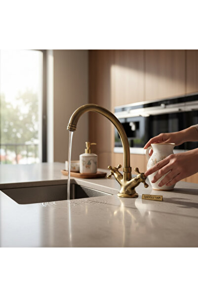 İSAOĞLU YAPI Sink Faucet Antique Gold Classic Design Kitchen Faucet Brass Mat...